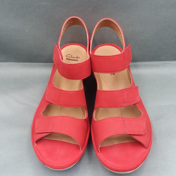 Clarks Reedly Juno Womens 7.5 Shoes Red Nubuck Strappy Platform Wedge Sandals - Picture 3 of 12